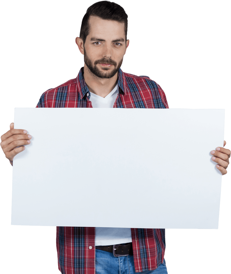 Young Man Holding Blank Placard With Transparent Background