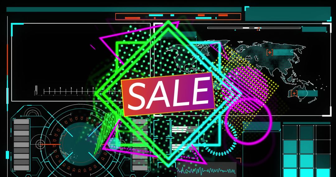 Futuristic UI Interface with SALE Banner in Neon Technological Display