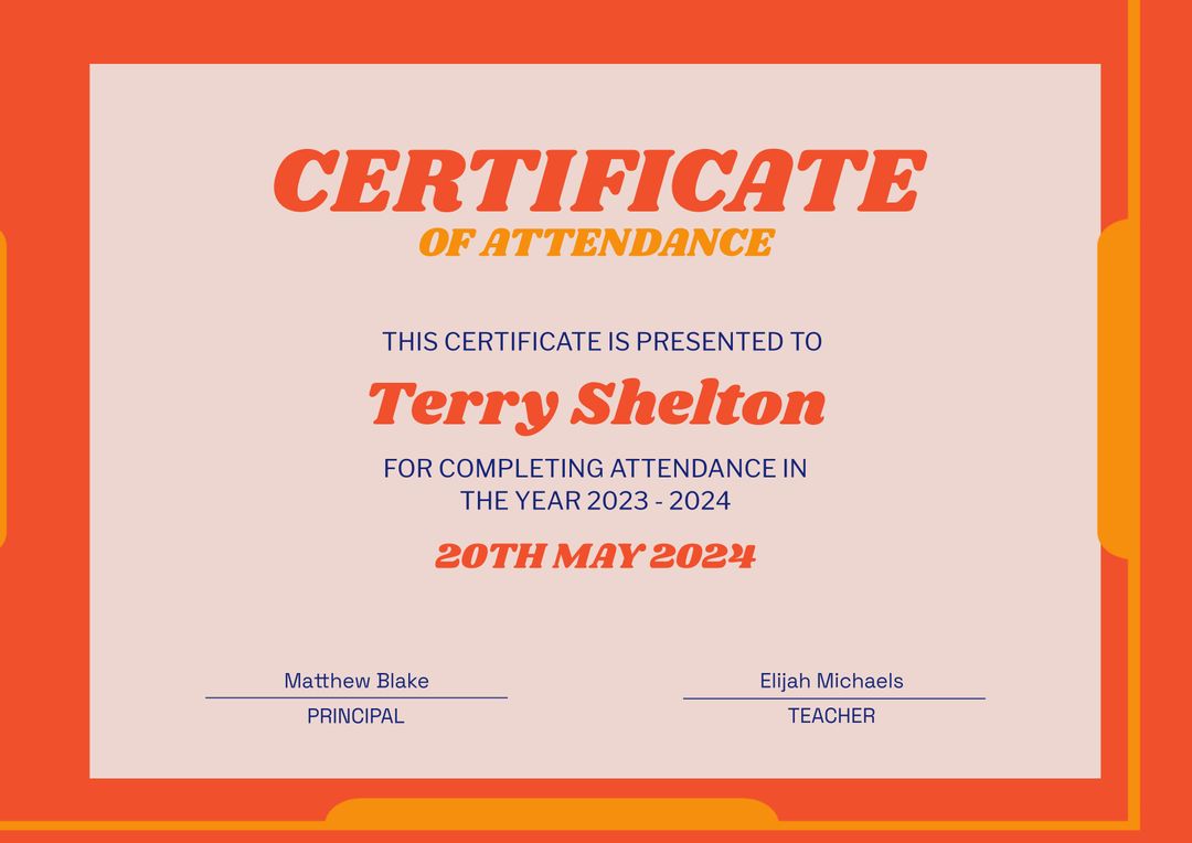 Bold Certificate Of Attendance 2023-2024 With Orange And Red Accents - Download Free Stock Templates Pikwizard.com