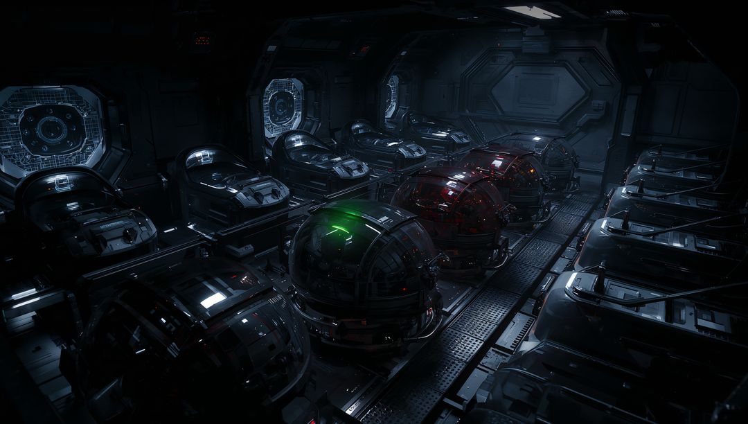 Glowing Green Cryopod Row in Orbital Cryogenic Bay with Grated Walkway and Futuristic Pods