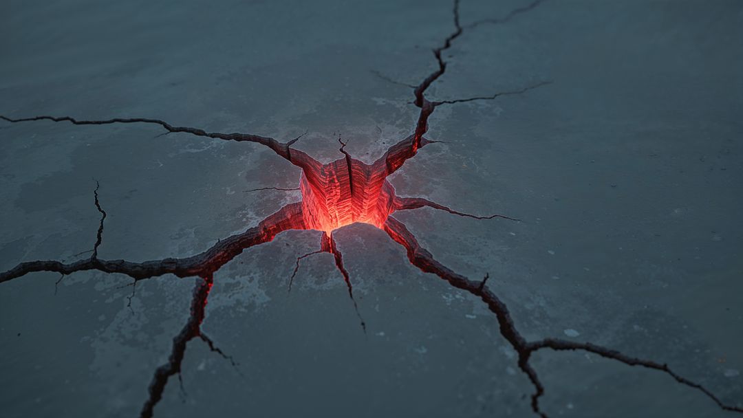 Glowing Red Fissure on Cracked Concrete Surface
