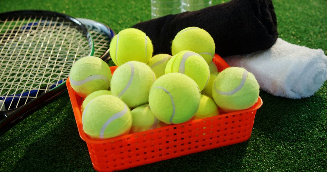 Basket with Tennis Balls and Towel on Green Court - Free Images, Stock Photos and Pictures on Pikwizard.com