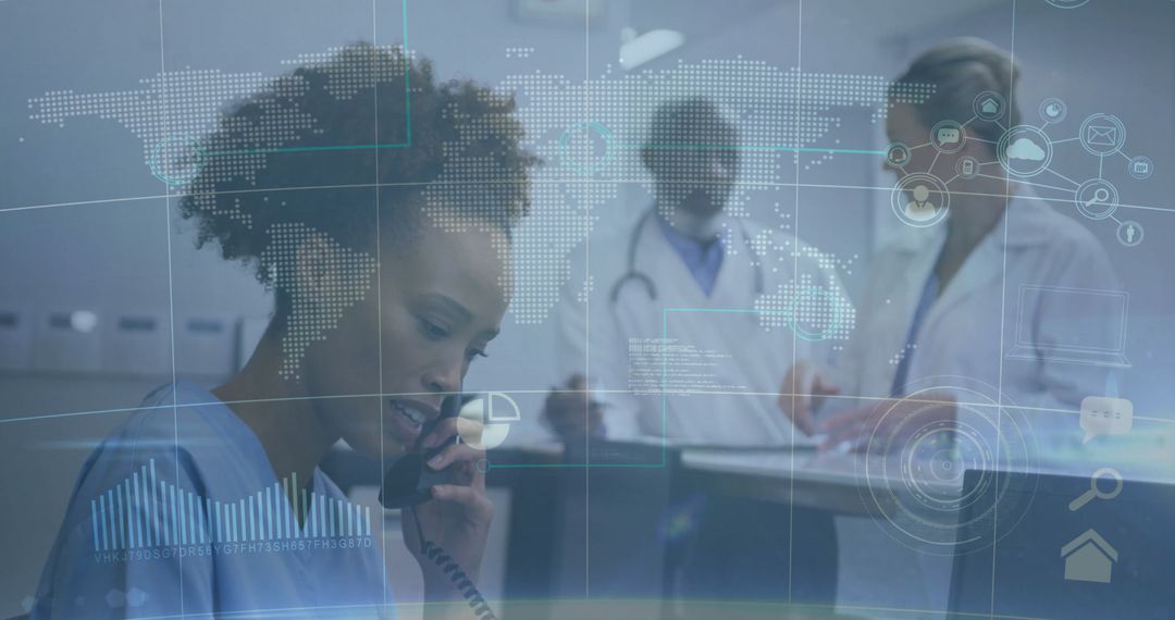 Nurse Communicating at Workstation with Digital Technology Overlay