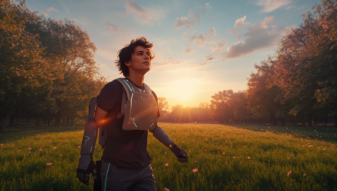 Young Man Walking with Futuristic Exosuit in Sunset Meadow