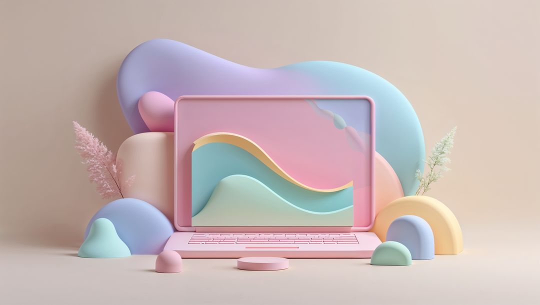 Pastel pink laptop with abstract 3d shapes on neutral website background