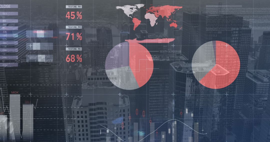 Futuristic Infographic Interface Over Cityscape Background