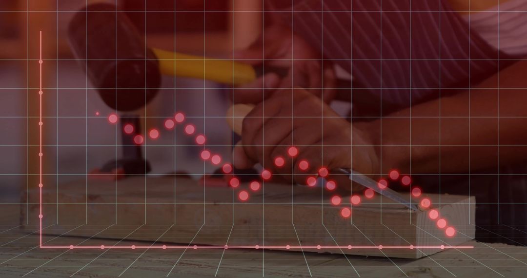 Carpenter Shaping Wood with Chisel and Hammer Overlaid with 3D Red Graph