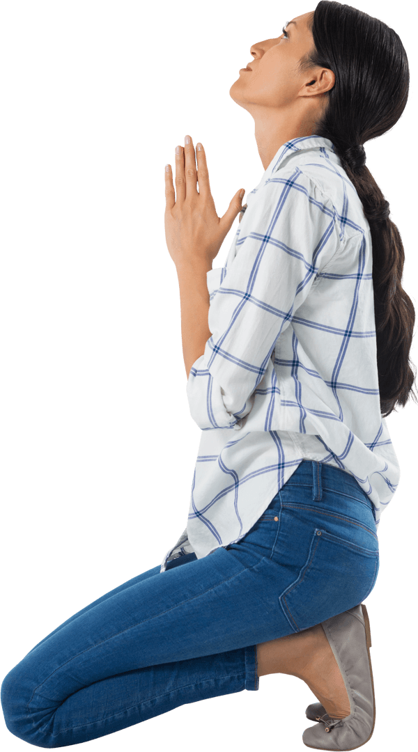 Side Profile of Woman Praying on Knees with Transparent Background