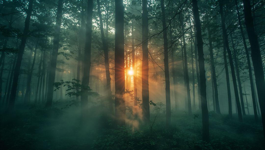 Sunlight Piercing Misty Forest Creates Mystical Atmosphere