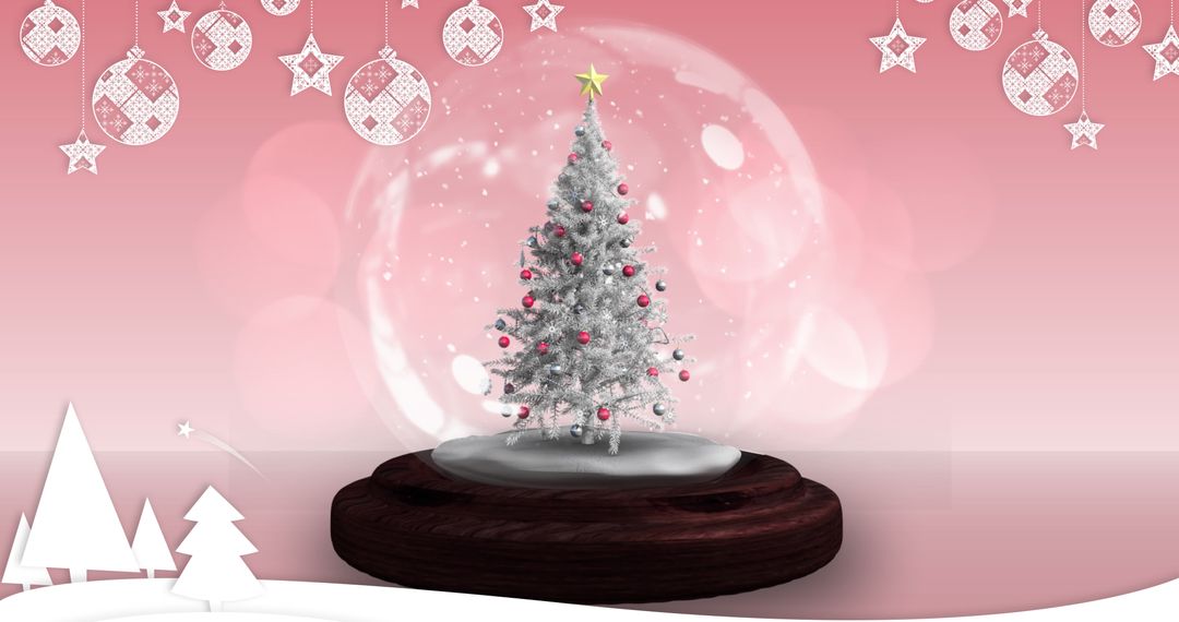 Falling Stars Over Snow Globe Featuring Christmas Tree on Pink Background - Free Images, Stock Photos and Pictures on Pikwizard.com