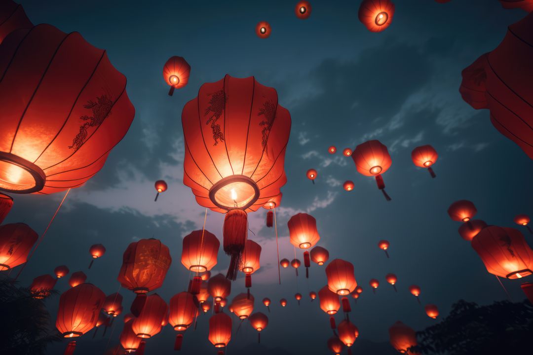 Red Chinese Lanterns Floating in Evening Sky - Free Images, Stock Photos and Pictures on Pikwizard.com