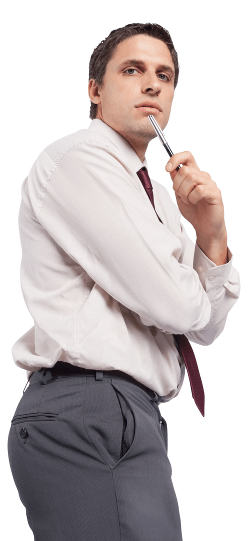 Contemplative Businessman Holding Pen in Transparent Background