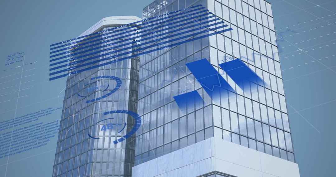 Futuristic Business Infographic Interface on Modern Skyscrapers