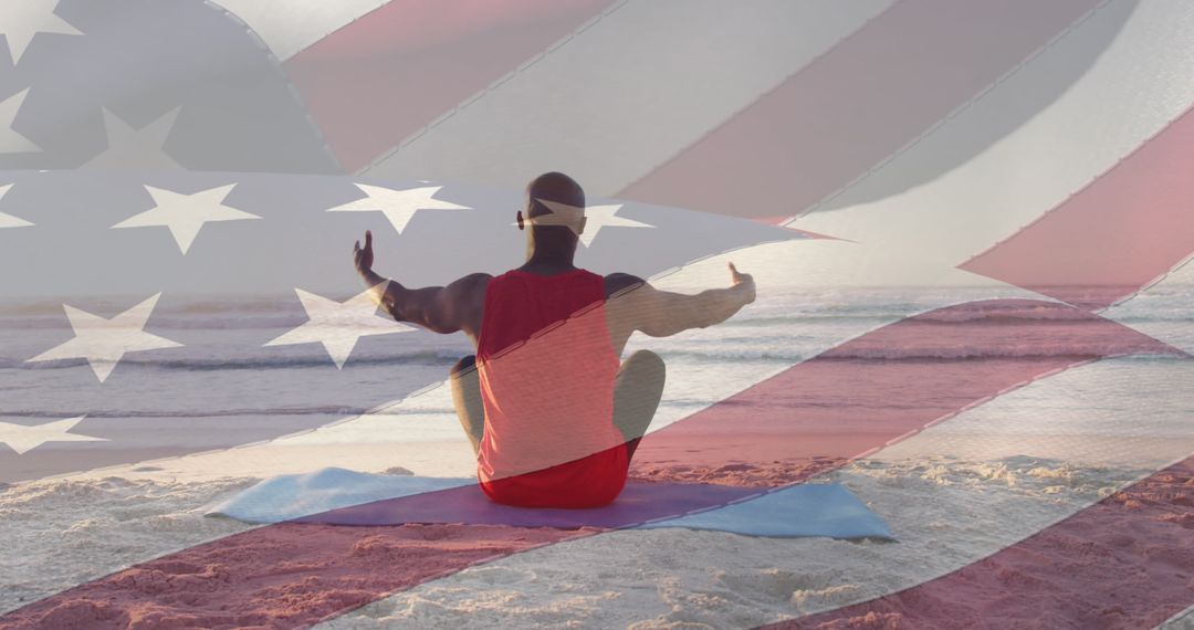 Reflecting on Freedom: Man Practicing Yoga on Beach with US Flag Overlay
