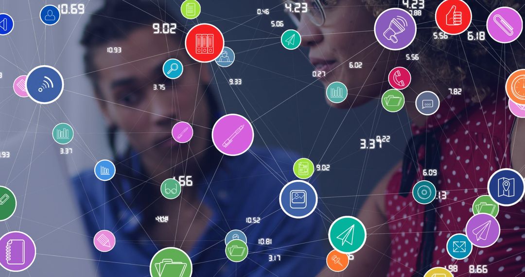 African American Woman Using Laptop with Digital Network Icons