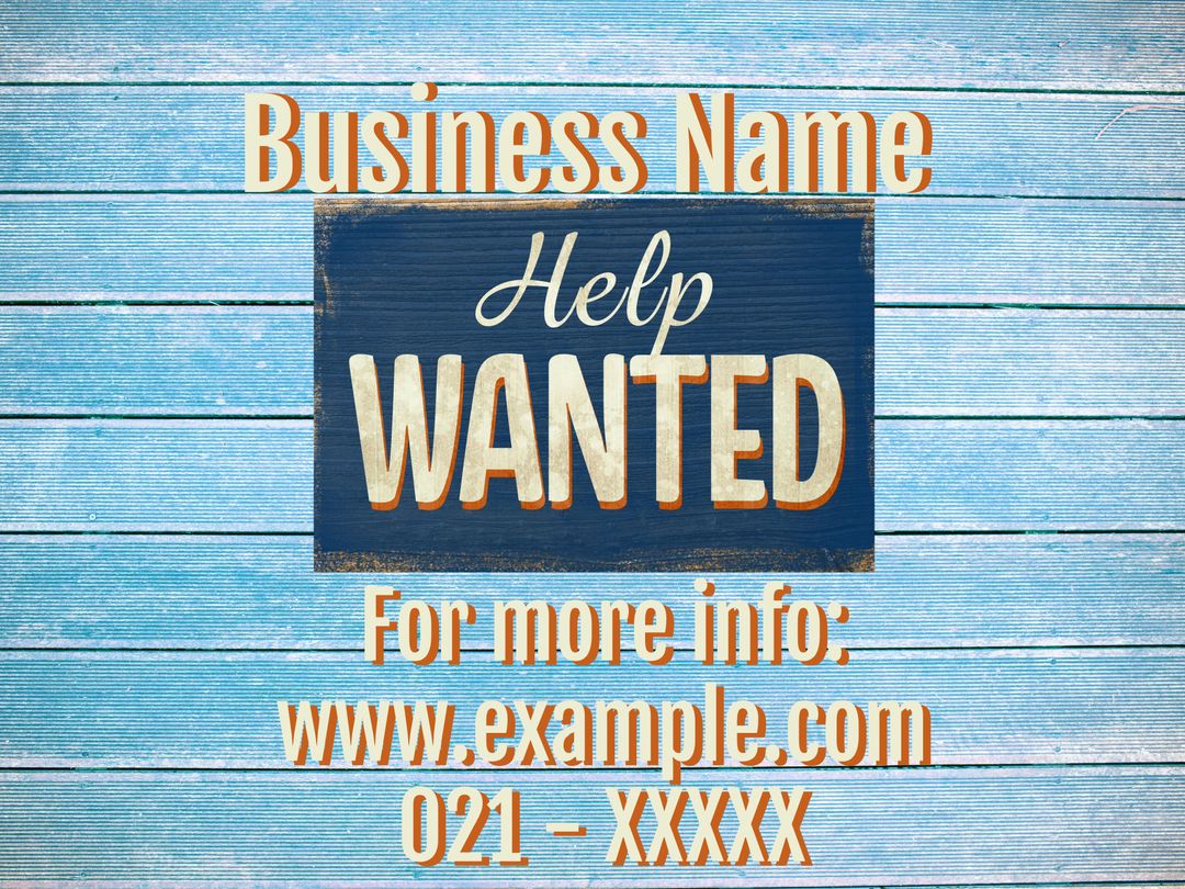 Help Wanted Sign on Rustic Blue Wood Background