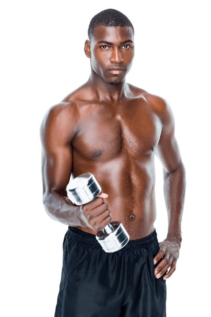 Transparent Background Bodybuilding with Dumbbells and Black Shorts