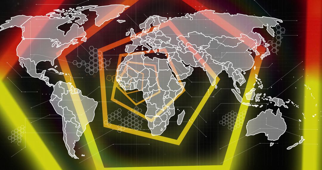 World Map Overlay with Neon Geometric Shapes