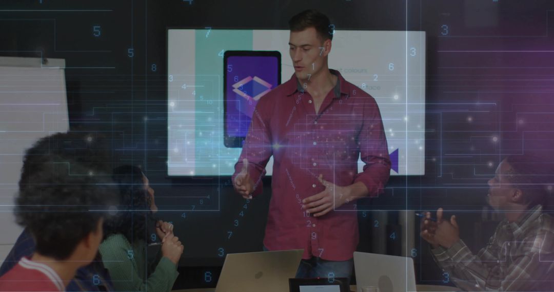 Team Presentation with Technological Overlay in Modern Office