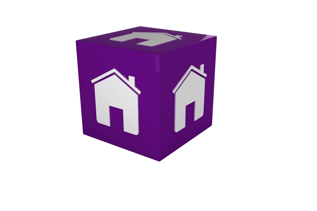 Transparent Purple Cube with White House Icon Illustration
