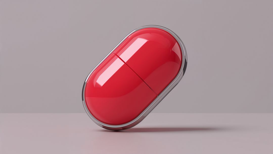 Glossy Red Capsule Tilting on Minimal Tabletop with Chrome Rim and Soft Shadow