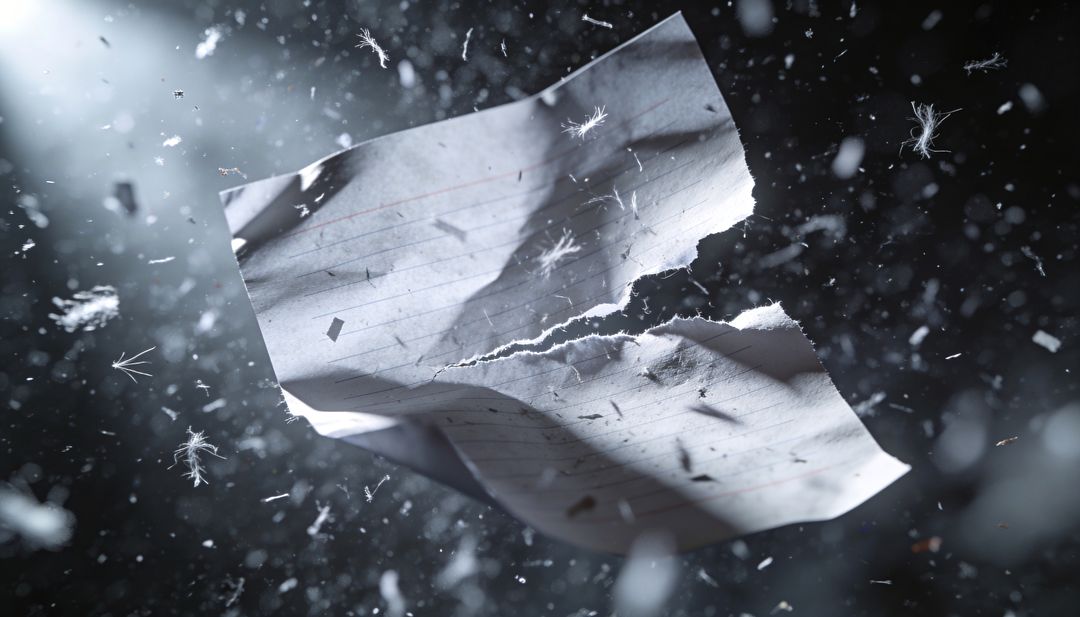 Torn Lined Notebook Sheet Floating in Dusty Light, Ruptured Paper Levitating Dark
