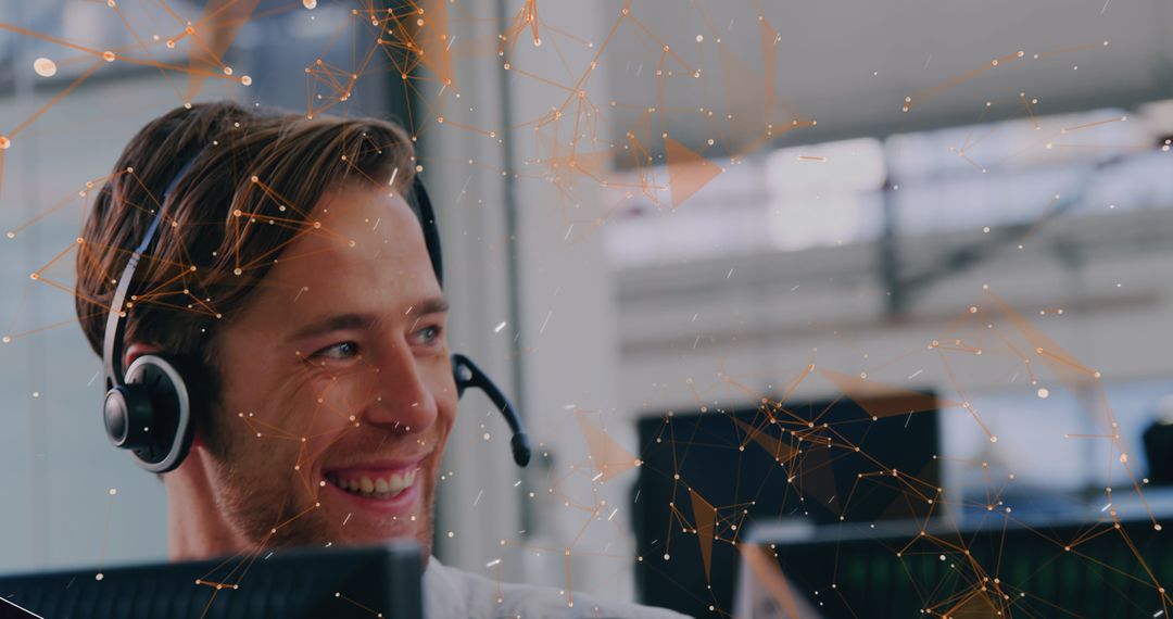 Smiling Businessman with Headset and Network Connection Overlay