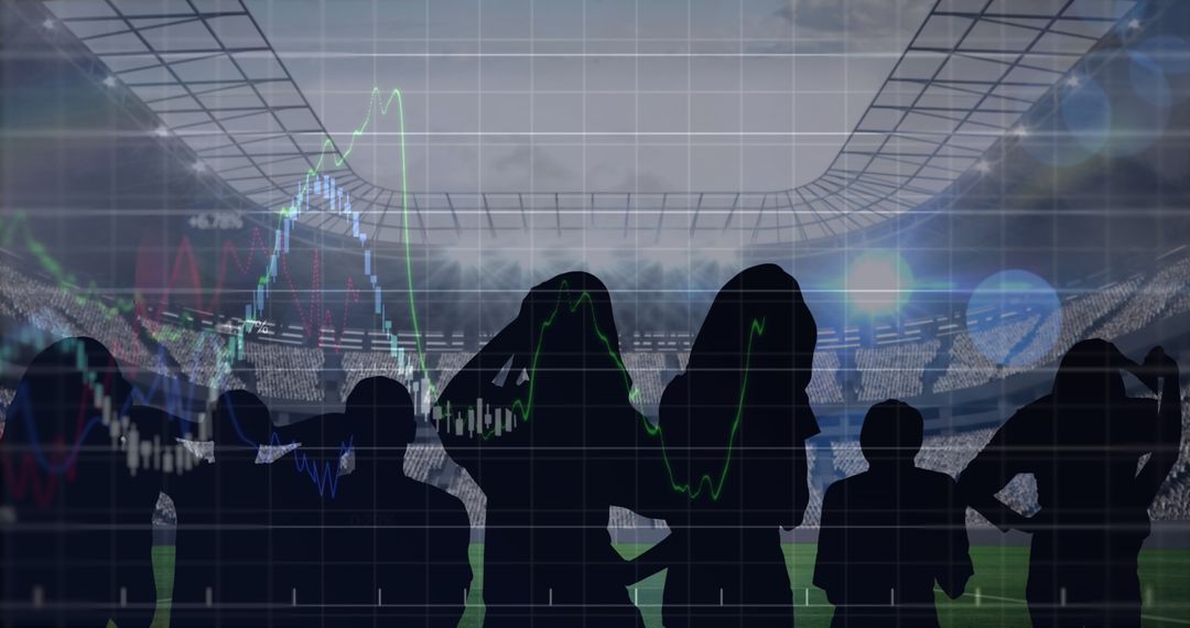 Financial Graphs Over Silhouettes of Fans in Stadium