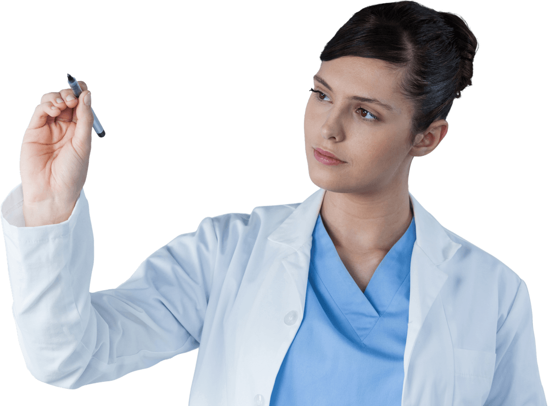 Serious Female Scientist Writing on Transparent Surface