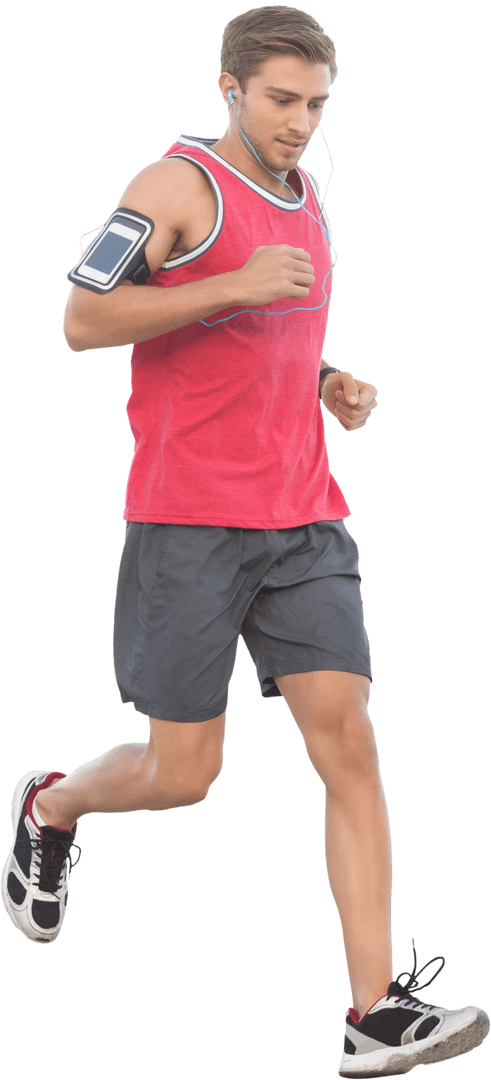 Caucasian Man Jogging with Earphones on Transparent Background