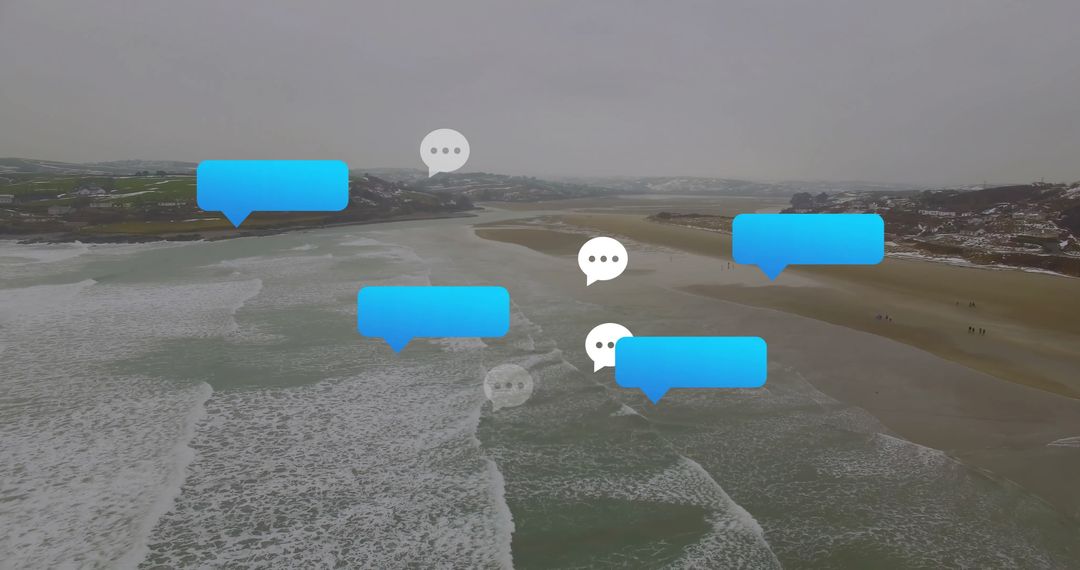 Digital Chat Bubbles Over Serene Coastal Beach Aerial