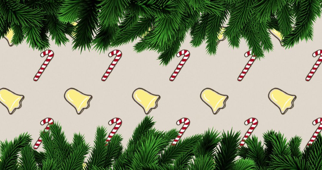 Festive Christmas Bells and Candy Canes Background with Fir Branches