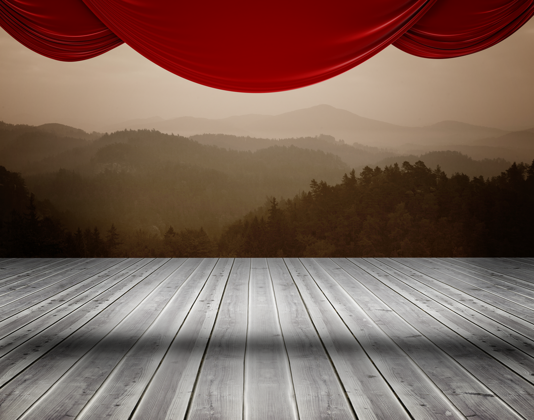 Transparent PNG of Red Curtains with Mountain View and Wooden Floor Background - Download Free Stock Images Pikwizard.com