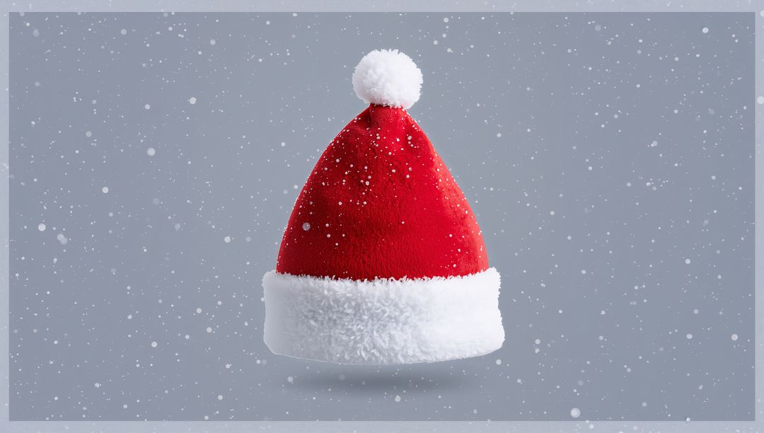 Floating Santa Hat with Snowfall and Soft Shadow Minimal Festive Holiday Background