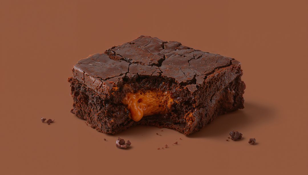 Gooey Caramel-Filled Fudgy Brownie with Cracked Glossy Top on Warm Brown Background