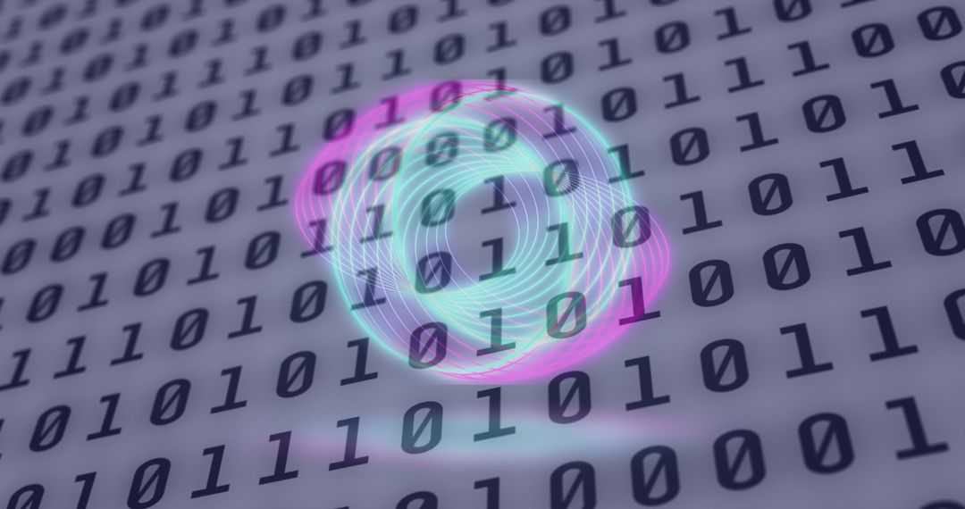 Neon Circles Over Binary Code Digital Display