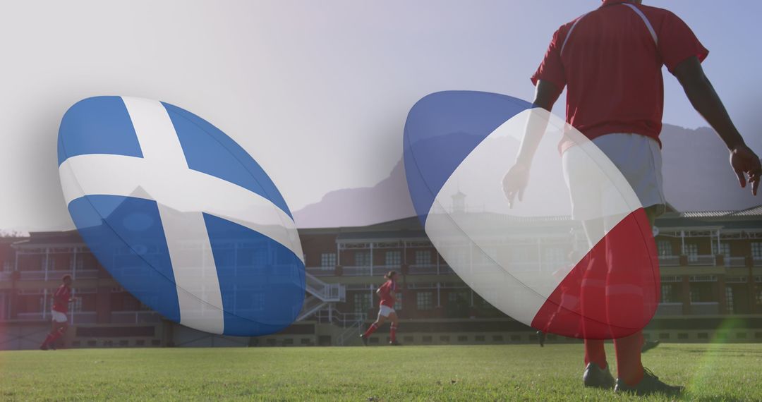 Rugby Players and Balls Featuring National Flags in Stadium Background