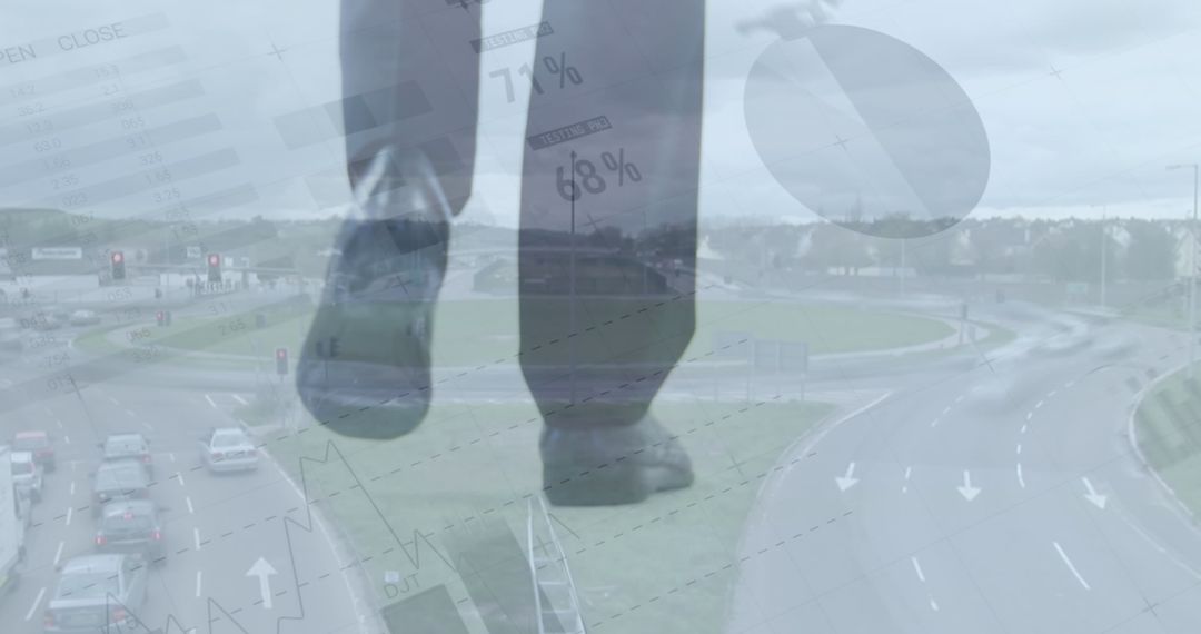 Businessman Overlooking Cityscape with Overlay of Statistical Data