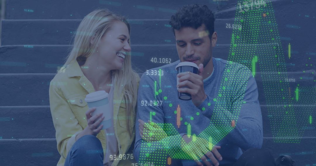Couple Enjoying Coffee with Data Overlay Concept