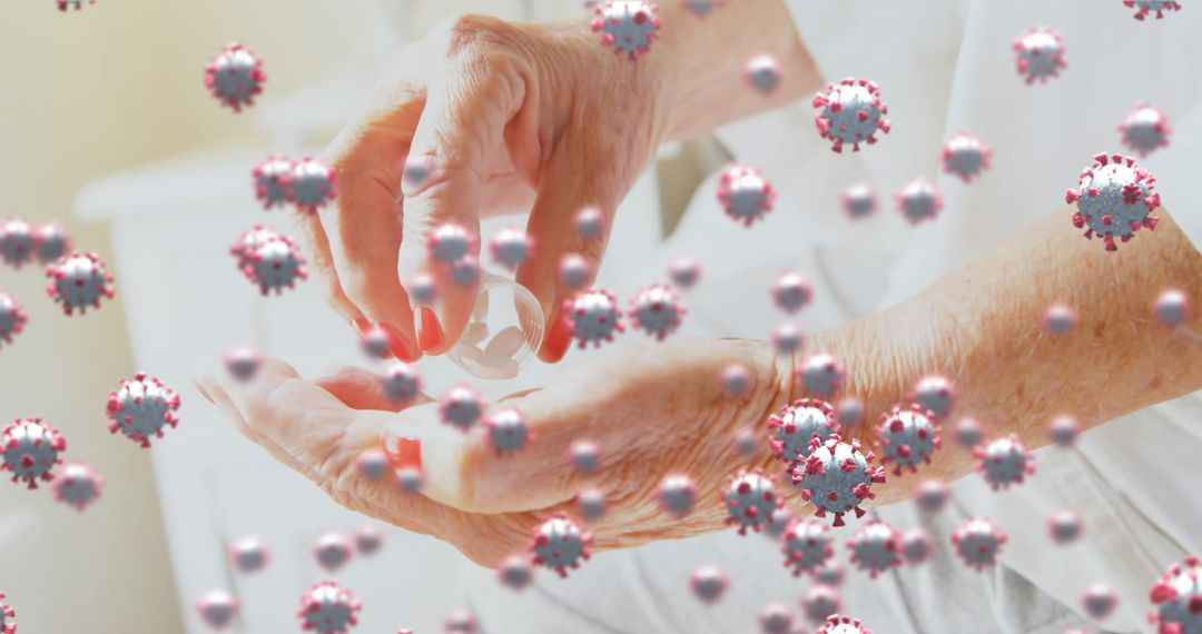 Elderly Hands Holding Pills amidst Floating Virus Particles