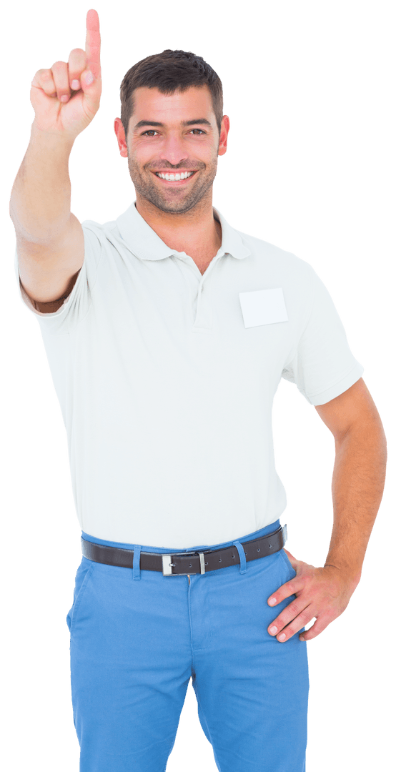 Smiling Man in Polo Shirt Raising Arm on Transparent Background