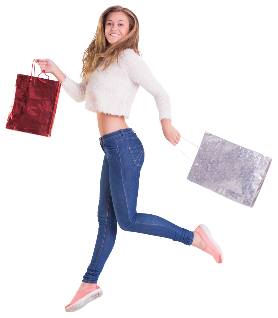 Happy Blonde Jumping with Transparent Shopping Bags - Download Free Stock Images Pikwizard.com