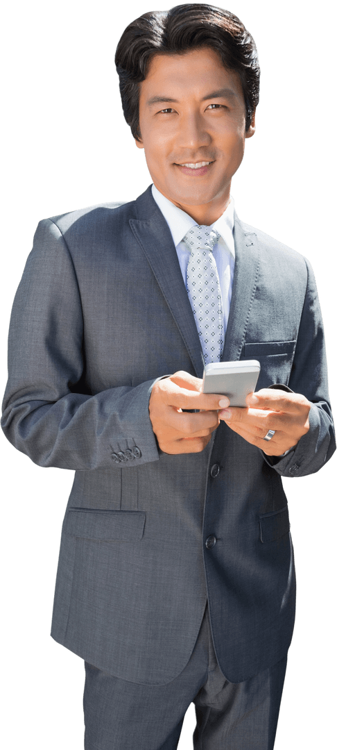 Confident Businessman Texting on Smartphone Isolated Transparent