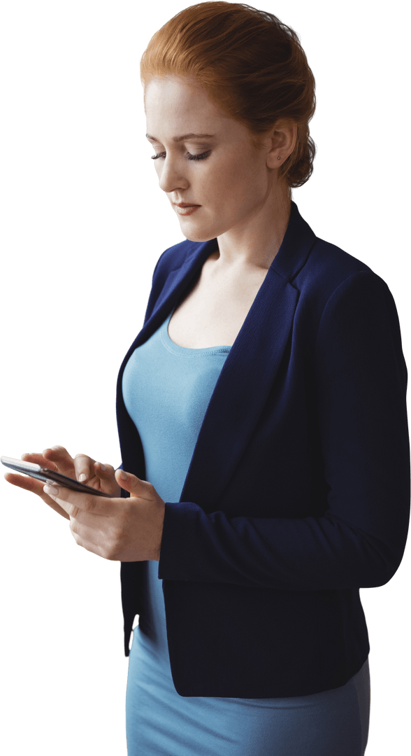 Focused Young Businesswoman Using Smartphone on Transparent Background