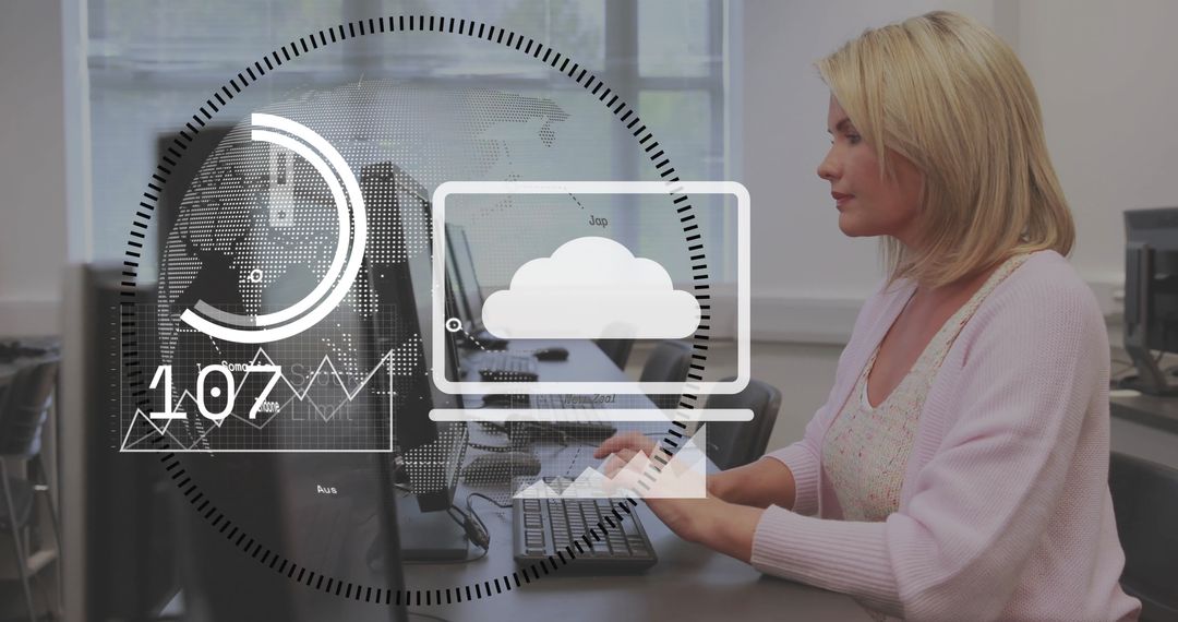 Woman Engaging with AI Technology on Computer in Office Setting