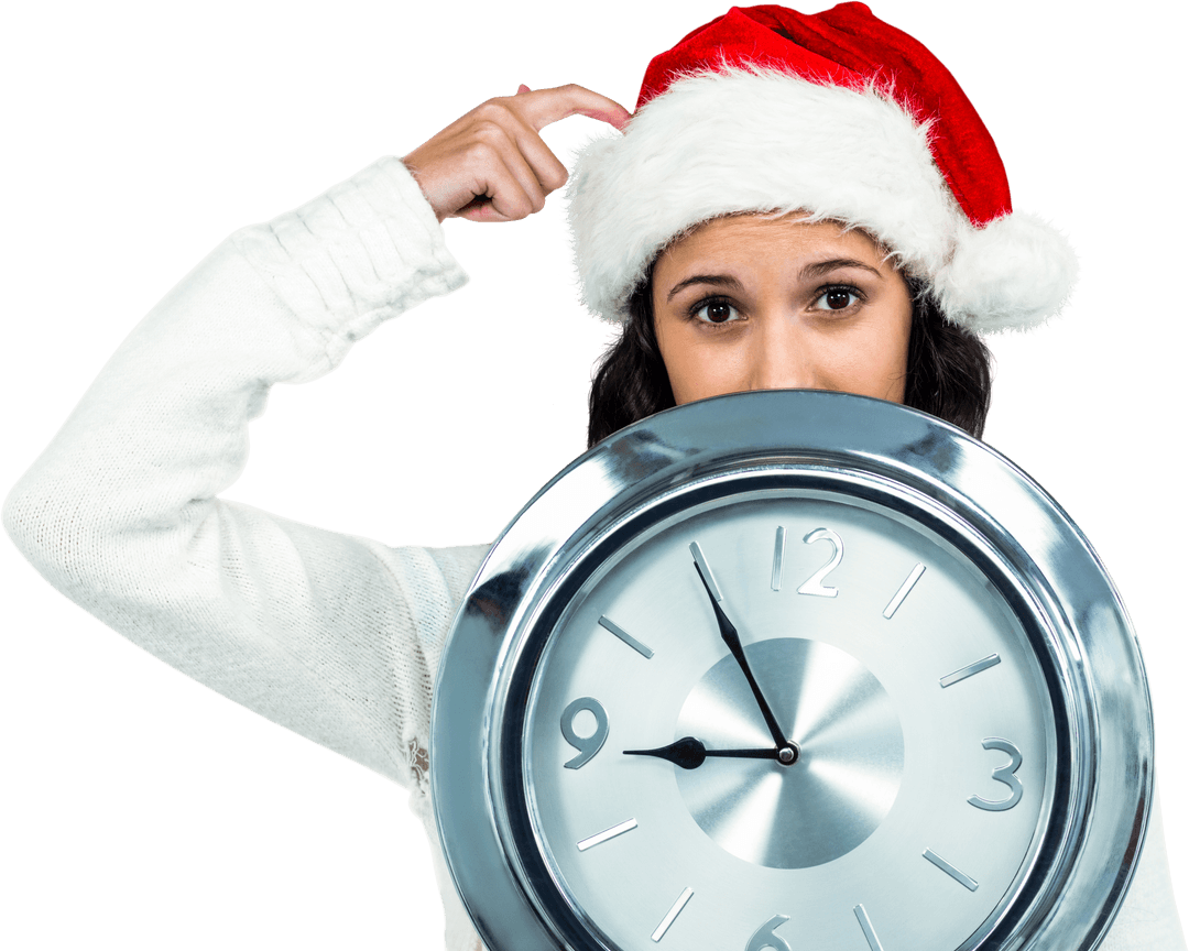Woman in Santa Hat with Clock on White Background Transparent
