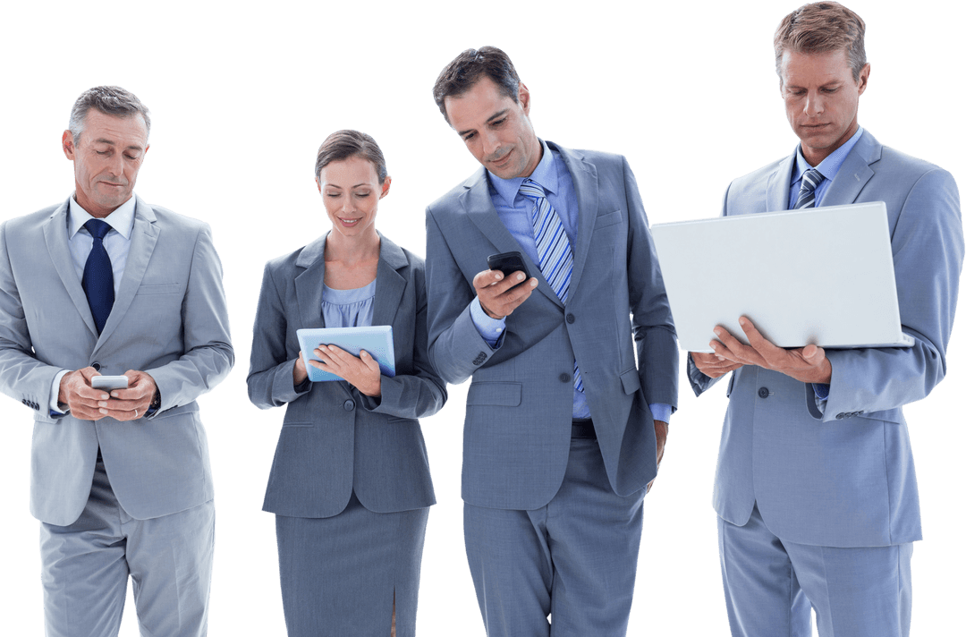 Transparent Business Team Working on Digital Devices in Office