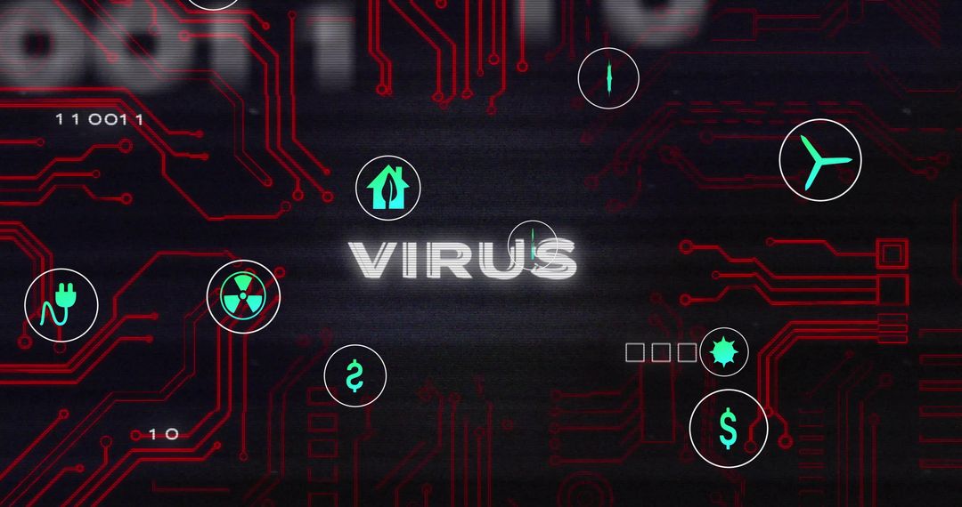 Glitching VIRUS Text over Digital Circuit Board with Cybersecurity Icons