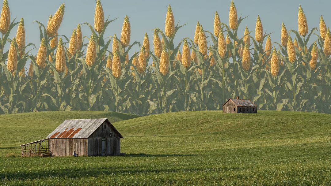 Rustic barn on nebraska rolling hills with oversized corn in background
