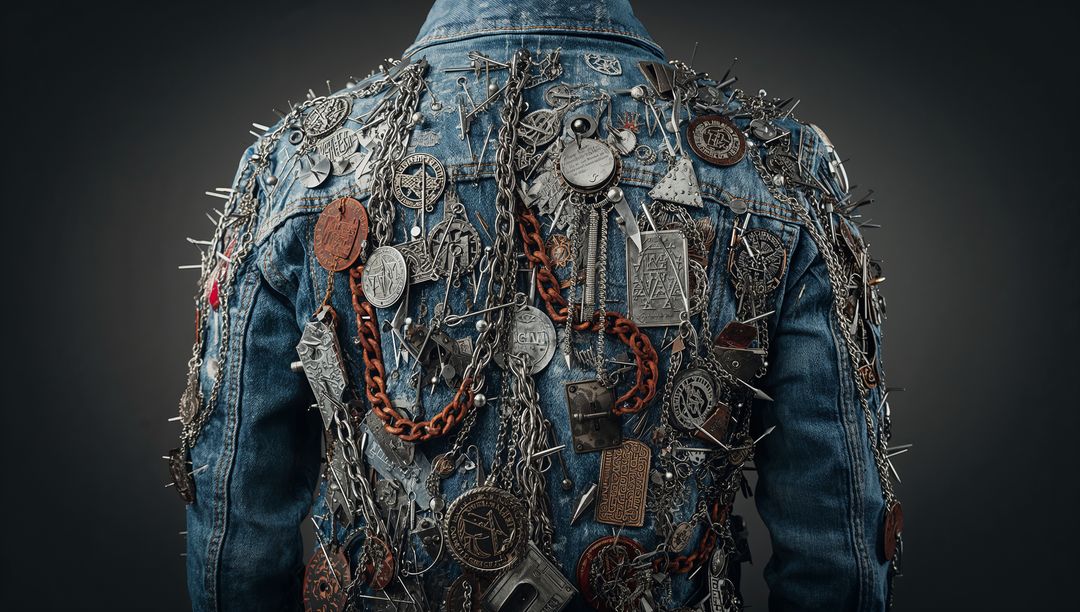 Rebel Denim Jacket Covered with Chains, Spikes and Vintage Medallions Back View